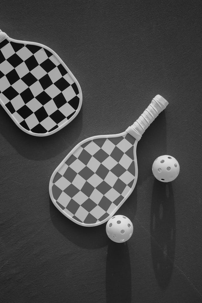 Stylish black and white checkered paddles and balls on a dark background, top view.