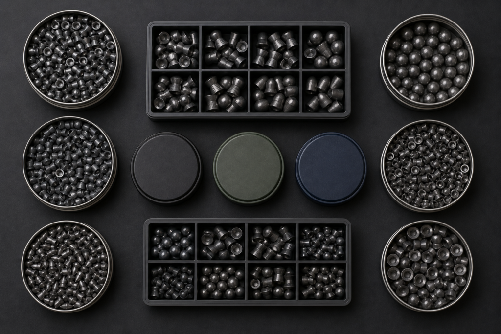 firefly gpt image air gun pellets in open tins, pellet boxes arranged neatly, dark matte background, fl 225530