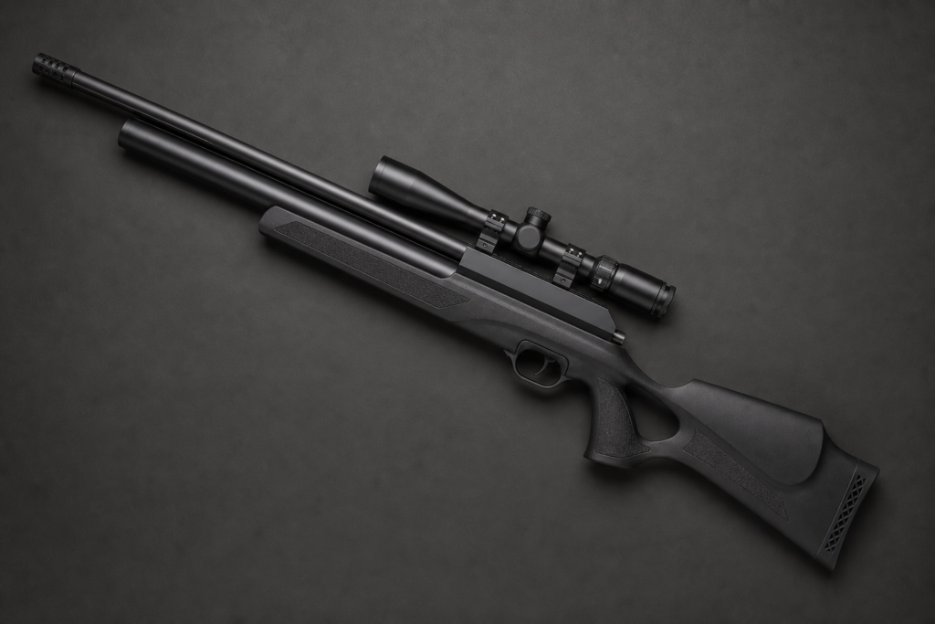 firefly gpt image precision air rifle with scope, dark matte background, flat lay composition, top down 225530