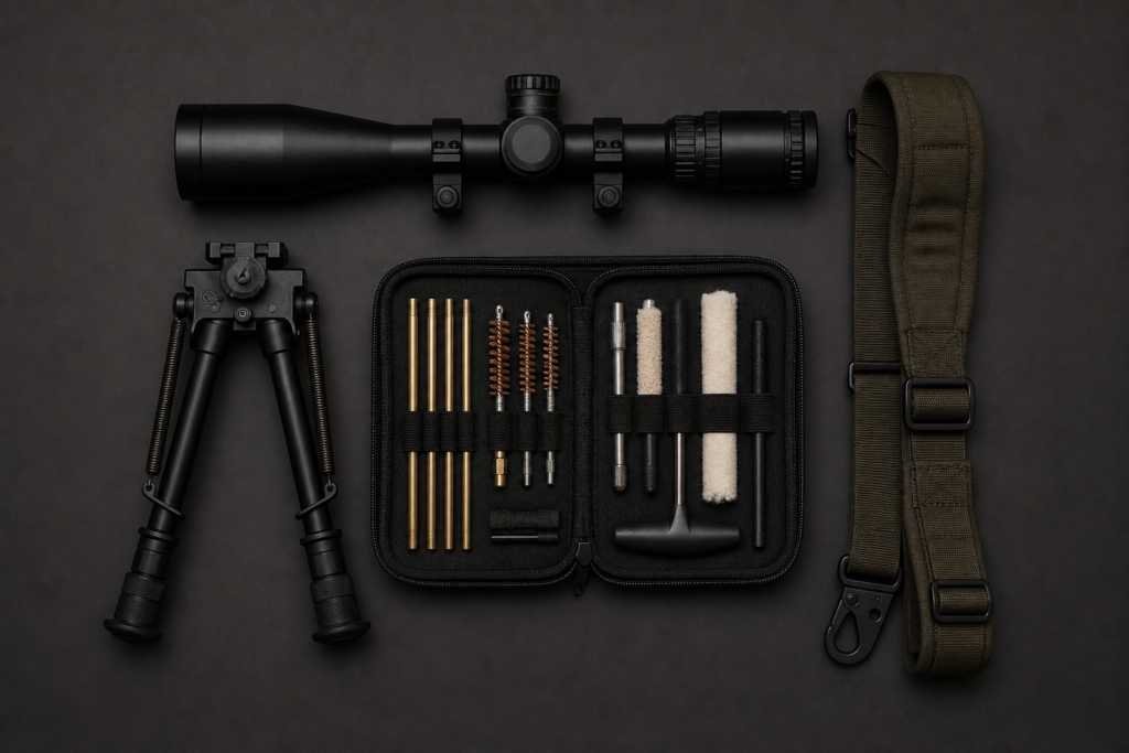 firefly gpt image shooting sports accessories — rifle scope, bipod, sling, cleaning kit arranged neatly 225530