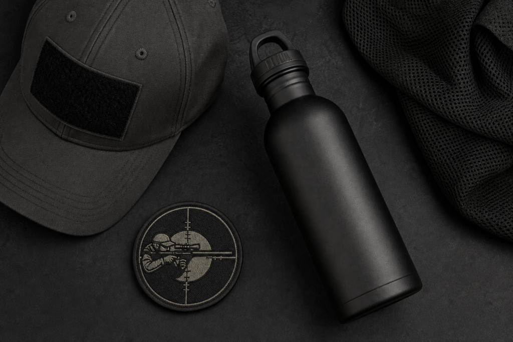 firefly gpt image shooting sports branded merchandise — cap, water bottle, embroidered patch, dark matt 225530